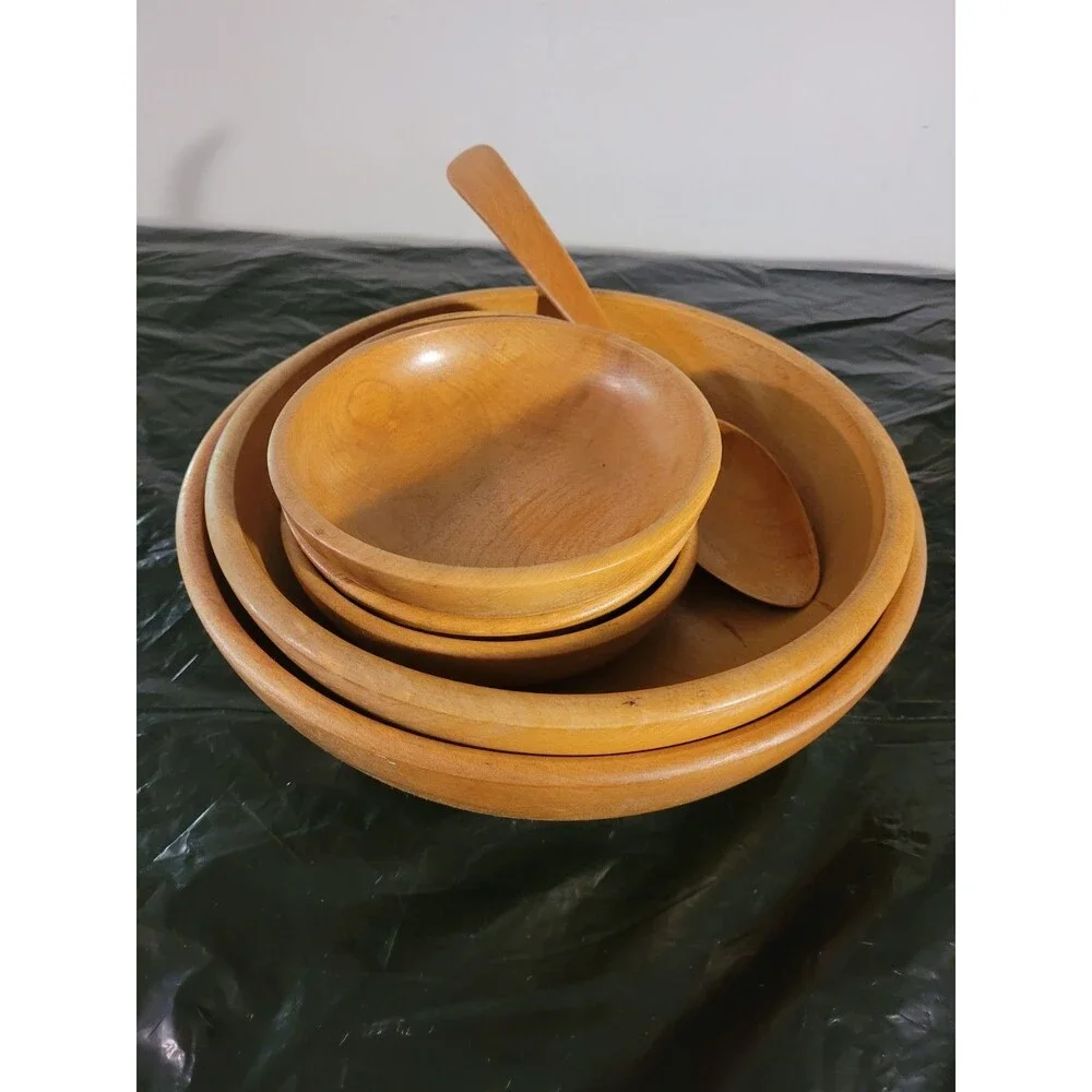 Set of 6 Vtg Made In Japan 2 Lg Wood Bowls, 3 Salad/rice 1 Serving Spoon